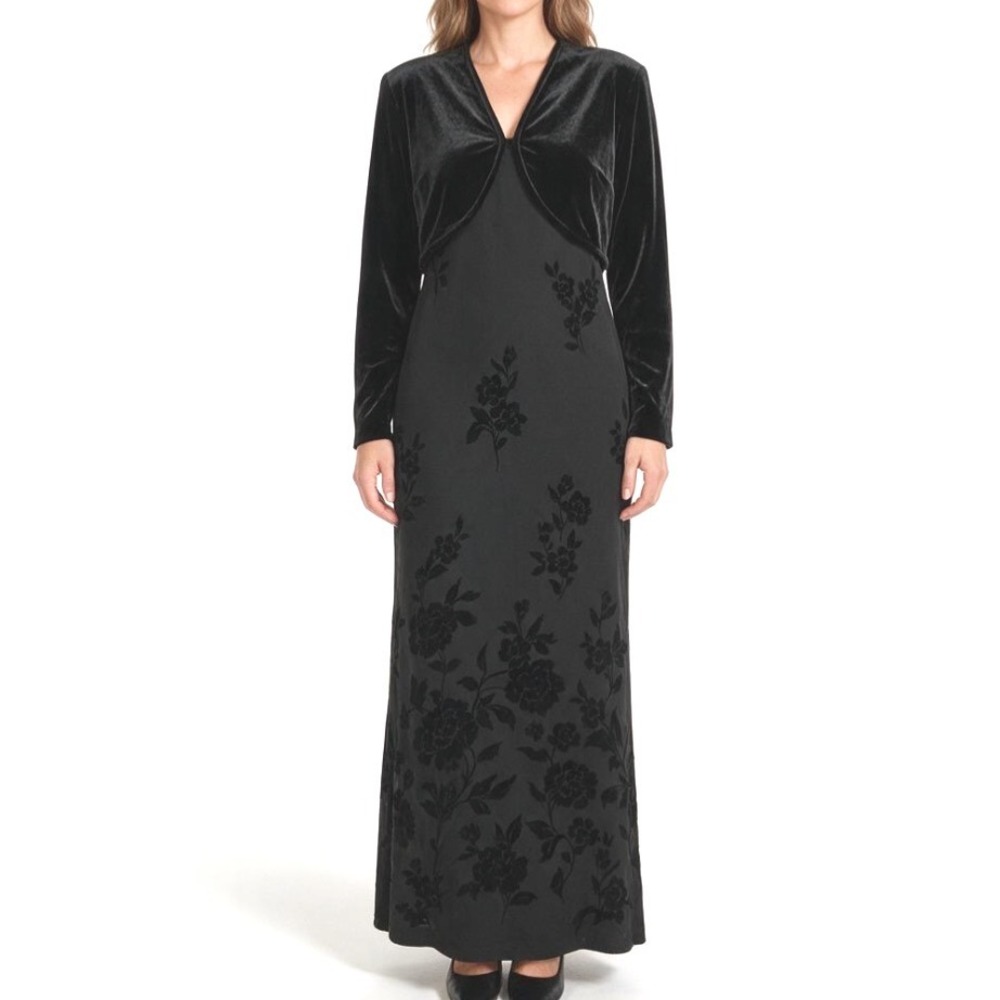 VTG DAVID WARREN Chiffon Burnout w/FLORAL VELVET Bolero & Maxi Dress OUTFIT Sz 4